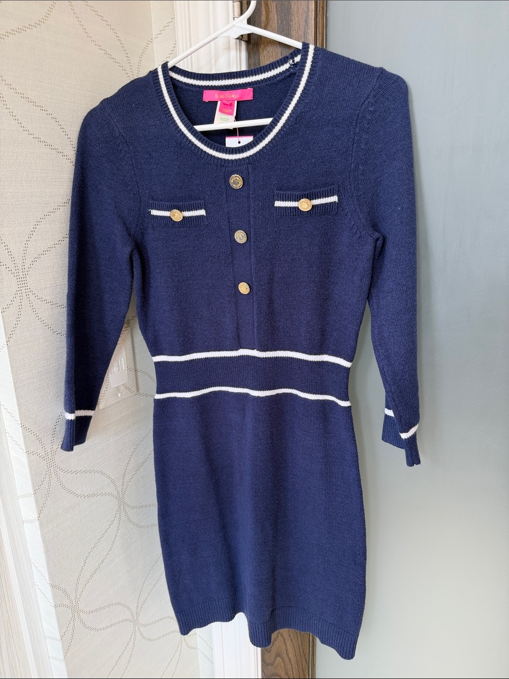 Lilly Pulitzer Navy Knit Long-Sleeve Dress with White Trim and Gold Buttons